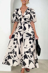 V Neck Multi Print Stretch Waist Hidden Zip Maxi Dress